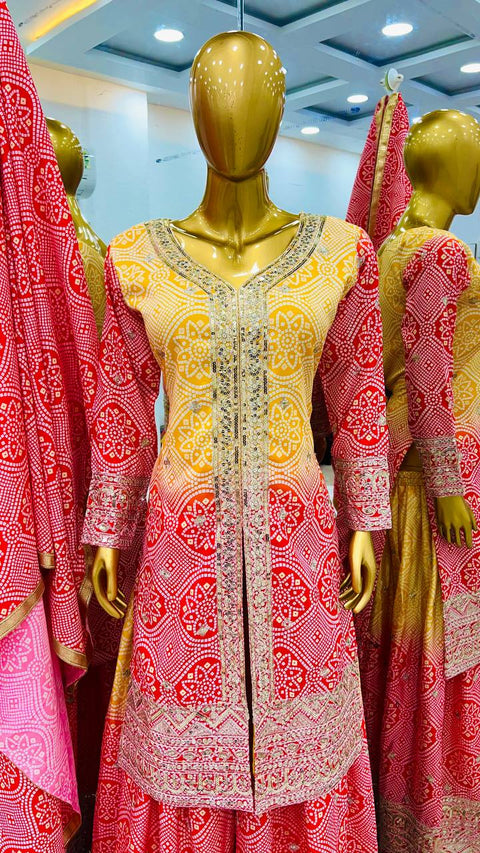 Yellow And Red Sharara  Collection In Heavy Chinon Silk Top-Bottom And Dupatta