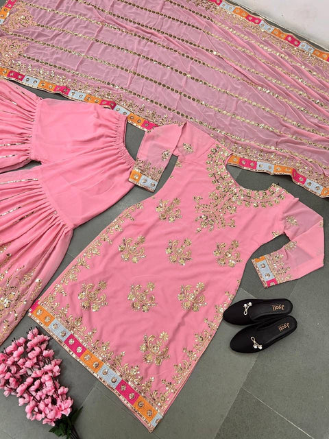 Pink Faux Georgette With Heavy Embroidery With Sequence Work Sharara For Women