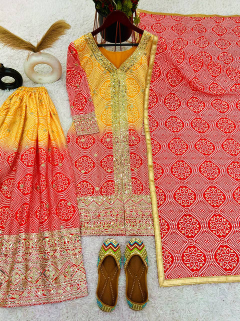 Yellow And Red Sharara  Collection In Heavy Chinon Silk Top-Bottom And Dupatta