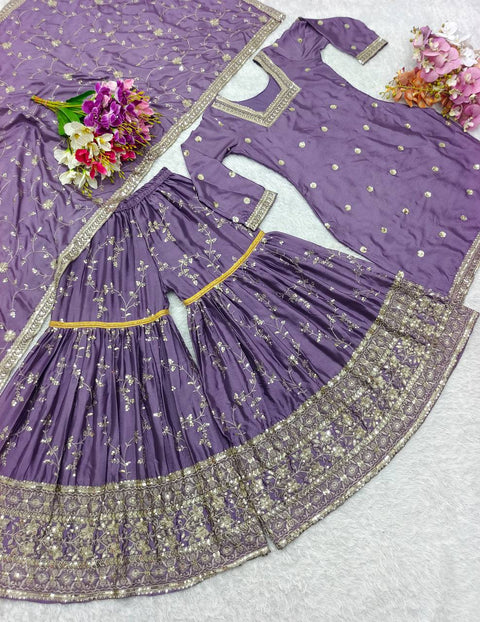 Purple Heavy Chinon Silk Top-Sararo And Dupatta Set For Women