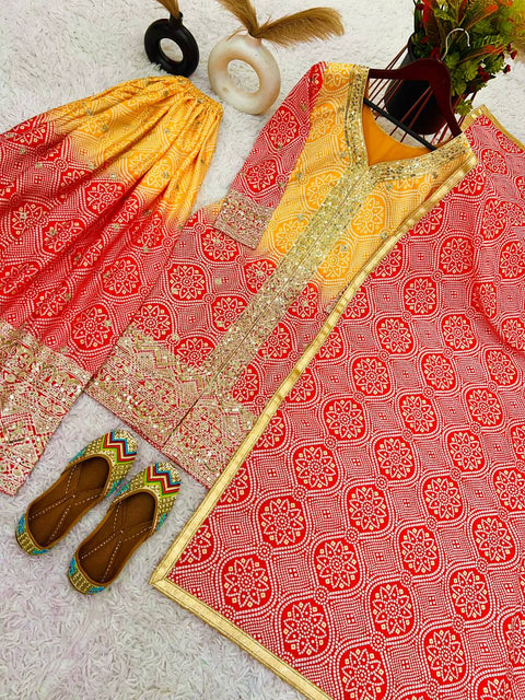 Yellow And Red Sharara  Collection In Heavy Chinon Silk Top-Bottom And Dupatta