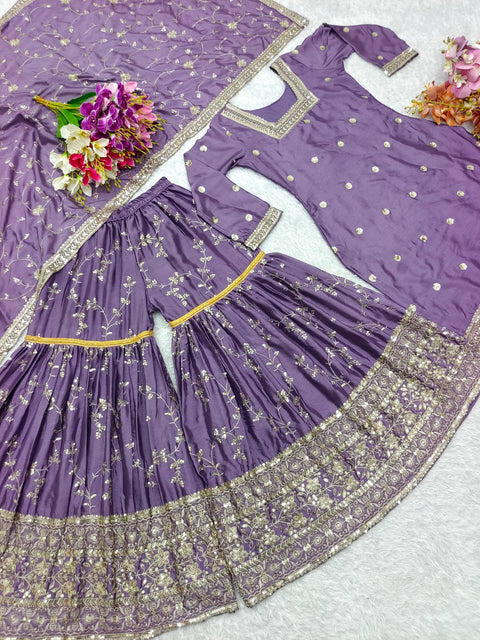 Purple Heavy Chinon Silk Top-Sararo And Dupatta Set For Women