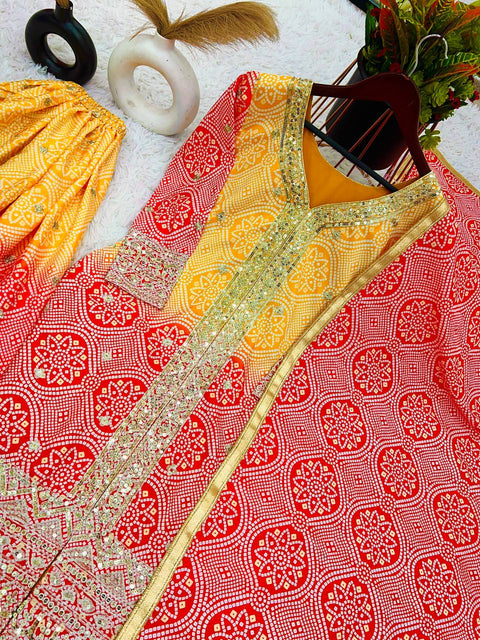 Yellow And Red Sharara  Collection In Heavy Chinon Silk Top-Bottom And Dupatta