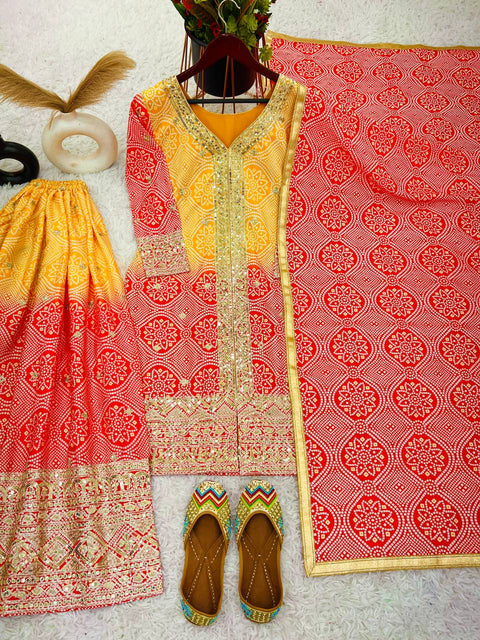 Yellow And Red Sharara  Collection In Heavy Chinon Silk Top-Bottom And Dupatta