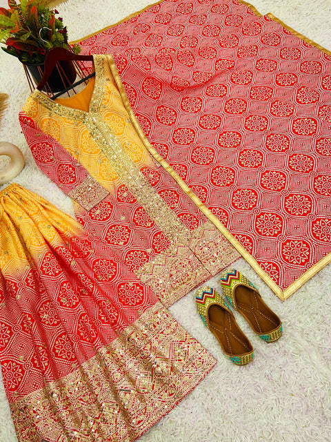 Yellow And Red Sharara  Collection In Heavy Chinon Silk Top-Bottom And Dupatta