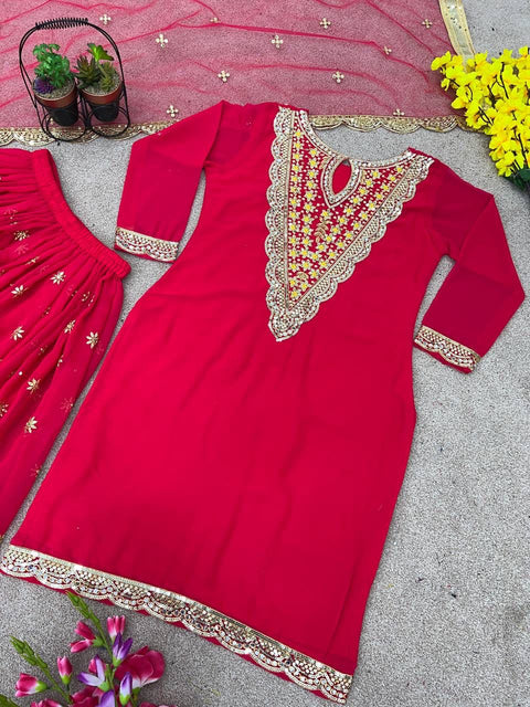 Red Festival Collection With Faux Georgette And Heavy Embroidery Sequence Work Top-Plazo And Dupatta