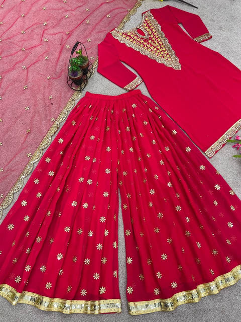 Red Festival Collection With Faux Georgette And Heavy Embroidery Sequence Work Top-Plazo And Dupatta