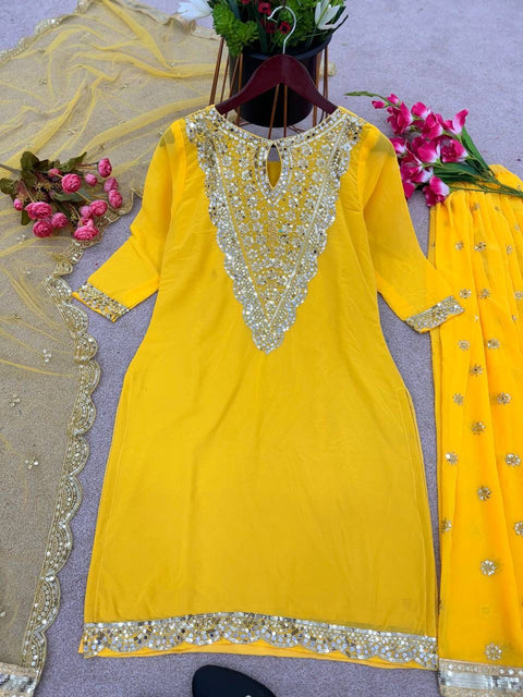 Yellow Festival Collection With Faux Georgette And Heavy Embroidery Sequence Work Top-Plazo And Dupatta