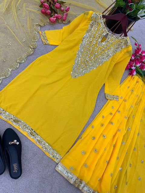 Yellow Festival Collection With Faux Georgette And Heavy Embroidery Sequence Work Top-Plazo And Dupatta