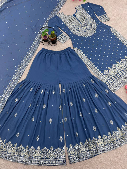 Blue Heavy Embroidery Sequence Work Top-Gharara And Dupatta Set Fully Stitched For Women