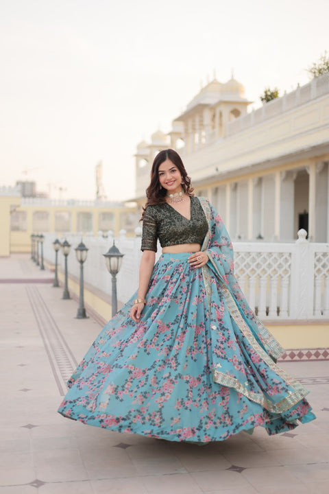 Sky Blue Digital Printed Russian Silk Fabric Lehenga choli For Special Festivals For Women