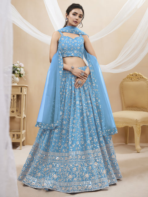 Sky Blue Elegant Party wear Heavy Lehenga Choli for Women with Dupatta Sequence Lehenga Choli In USA