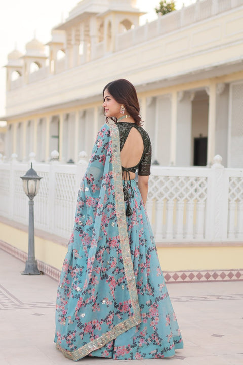 Sky Blue Digital Printed Russian Silk Fabric Lehenga choli For Special Festivals For Women