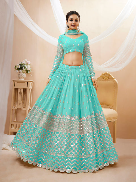 Sky Blue Wedding wear Beautiful Heavy Lehenga Choli For Women with Dupatta Sequence Lehenga Choli In USA