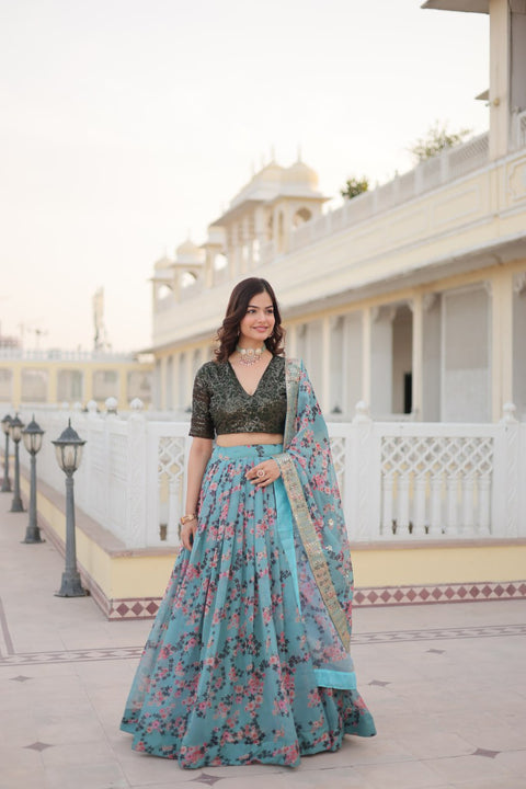 Sky Blue Digital Printed Russian Silk Fabric Lehenga choli For Special Festivals For Women