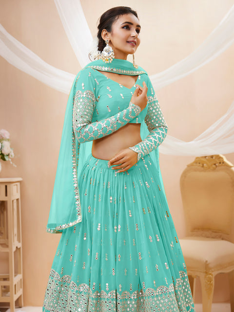 Sky Blue Wedding wear Beautiful Heavy Lehenga Choli For Women with Dupatta Sequence Lehenga Choli In USA