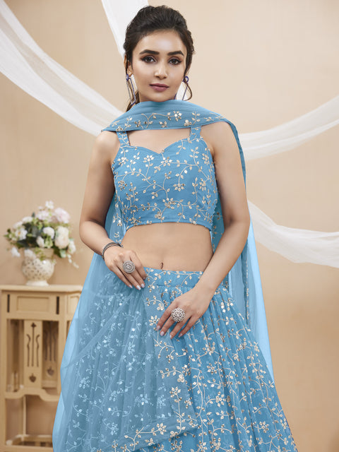 Sky Blue Elegant Party wear Heavy Lehenga Choli for Women with Dupatta Sequence Lehenga Choli In USA