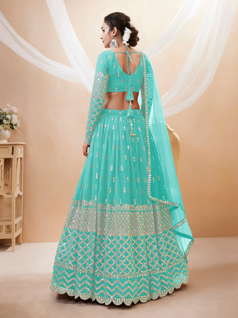 Sky Blue Wedding wear Beautiful Heavy Lehenga Choli For Women with Dupatta Sequence Lehenga Choli In USA