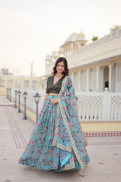 Sky Blue Digital Printed Russian Silk Fabric Lehenga choli For Special Festivals For Women