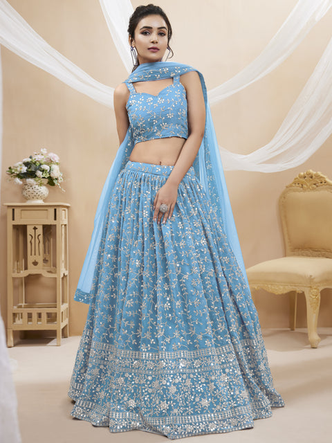 Sky Blue Elegant Party wear Heavy Lehenga Choli for Women with Dupatta Sequence Lehenga Choli In USA