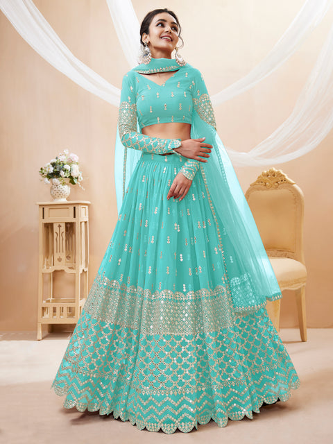 Sky Blue Wedding wear Beautiful Heavy Lehenga Choli For Women with Dupatta Sequence Lehenga Choli In USA