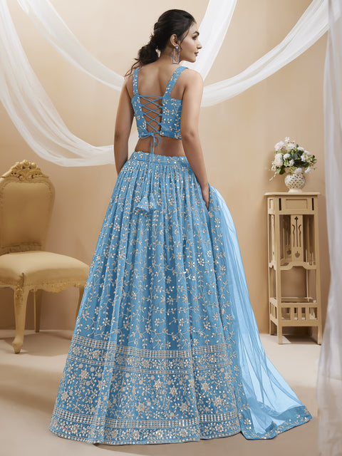 Sky Blue Elegant Party wear Heavy Lehenga Choli for Women with Dupatta Sequence Lehenga Choli In USA