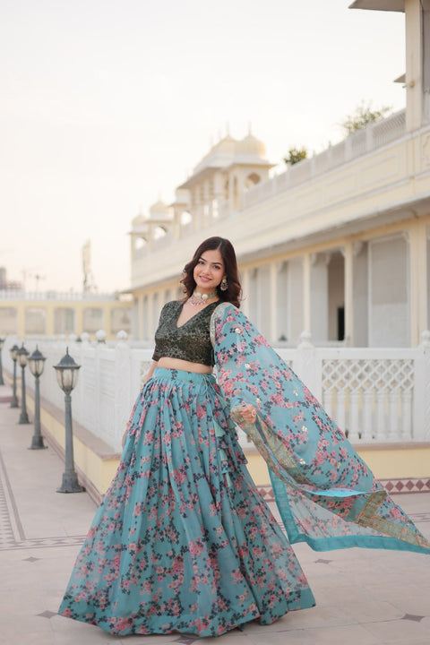 Sky Blue Digital Printed Russian Silk Fabric Lehenga choli For Special Festivals For Women