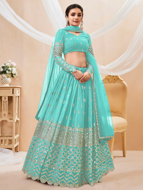 Sky Blue Wedding wear Beautiful Heavy Lehenga Choli For Women with Dupatta Sequence Lehenga Choli In USA