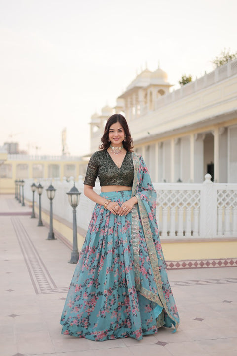 Sky Blue Digital Printed Russian Silk Fabric Lehenga choli For Special Festivals For Women