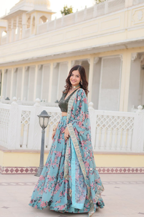 Sky Blue Digital Printed Russian Silk Fabric Lehenga choli For Special Festivals For Women