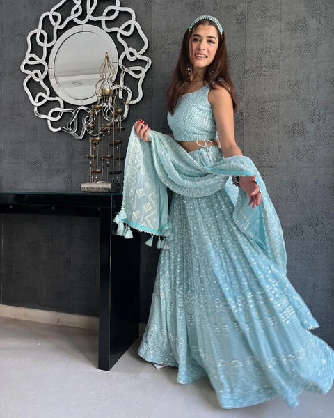 Amazing Sky Blue plus size lehenga Choli for women with Dupatta Indian Ready to wear Georgette with  Mirror Work Lehenga Choli - ReadyToWearshop