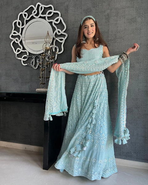 Amazing Sky Blue plus size lehenga Choli for women with Dupatta Indian Ready to wear Georgette with  Mirror Work Lehenga Choli - ReadyToWearshop