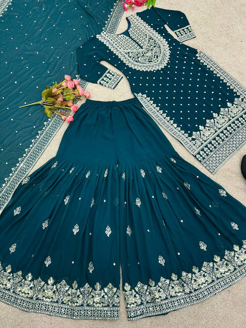 Teal Blue Heavy Embroidery Sequence Work Top-Gharara And Dupatta Set Fully Stitched For Women