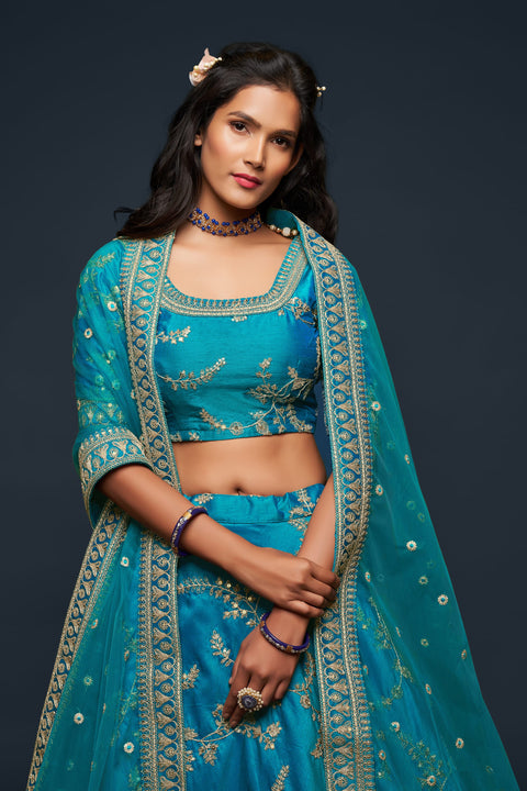 Teal Blue Glamorous Fancy Lehenga Choli for Women In Wedding Occasion with Dupatta in US