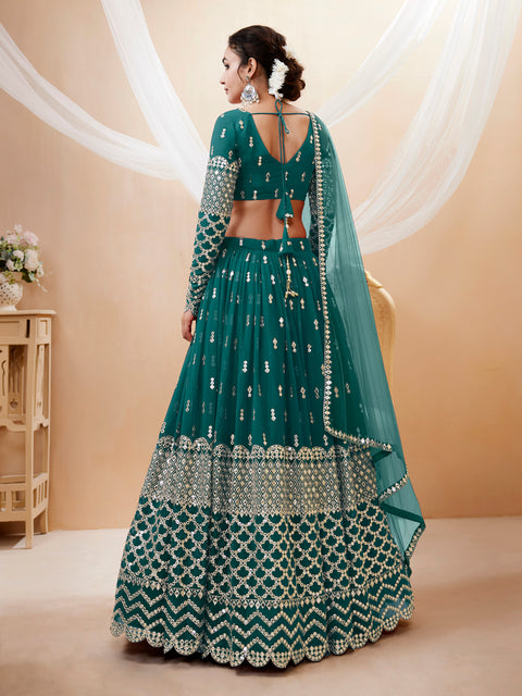 Charming Teal Blue Wedding wear Heavy Lehenga Choli for Women with Dupatta Sequence Lehenga Choli In USA