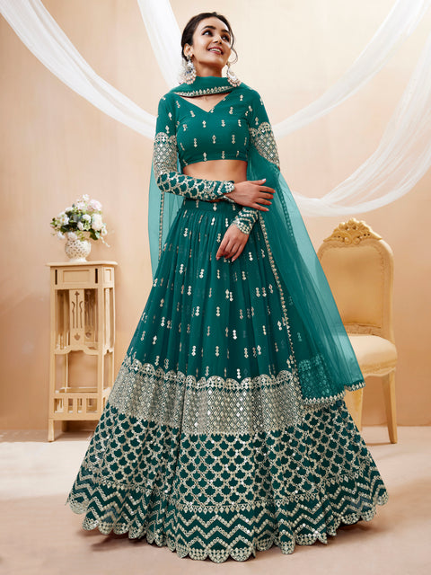 Charming Teal Blue Wedding wear Heavy Lehenga Choli for Women with Dupatta Sequence Lehenga Choli In USA