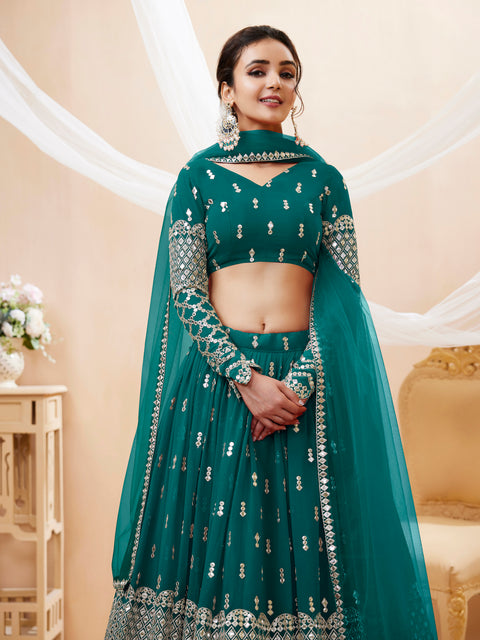 Charming Teal Blue Wedding wear Heavy Lehenga Choli for Women with Dupatta Sequence Lehenga Choli In USA