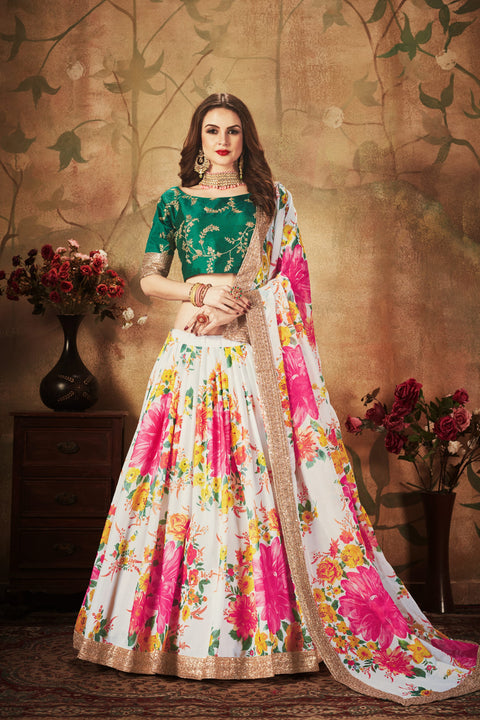 Off White And Green Vibrant Fancy Lehenga Choli For Women In Wedding Occasion with Dupatta in USA