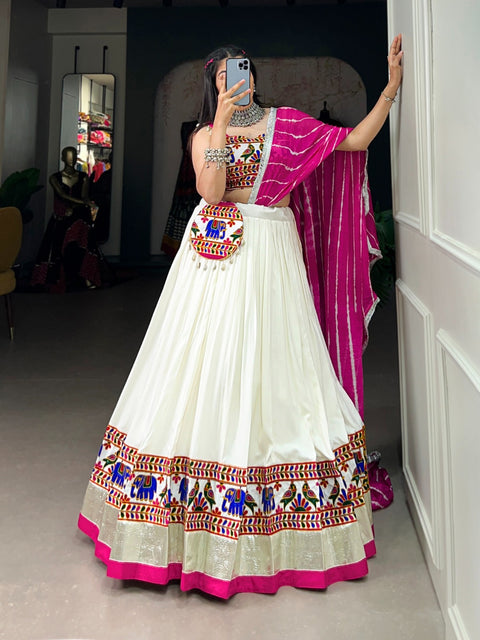 Celebrate Navratri with Our Rayon Gamthi Work Lehenga Choli and Eye-catching Leheriya Dupatta