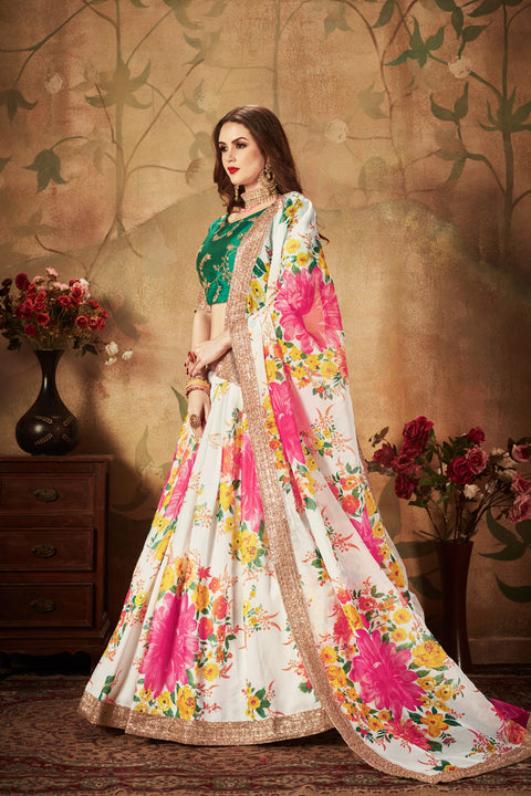 Off White And Green Vibrant Fancy Lehenga Choli For Women In Wedding Occasion with Dupatta in USA