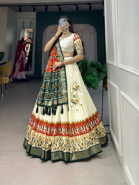 Elevate your ethnic wardrobe with our stunning printed silk lehenga choli For Women In Navratri