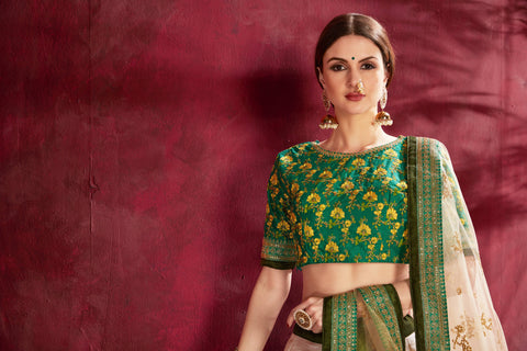 Cream And Green Traditional fancy lehenga Choli for women In Wedding Occasion with Dupatta in USA