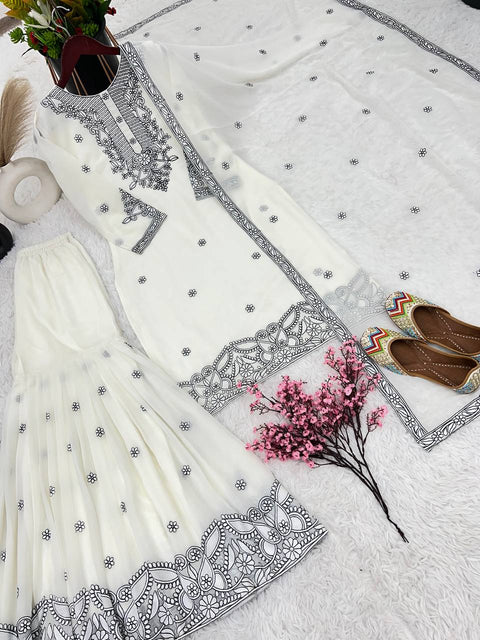 White Malty Thread Embroidery Work Top-Gharara And Dupatta Set For Women