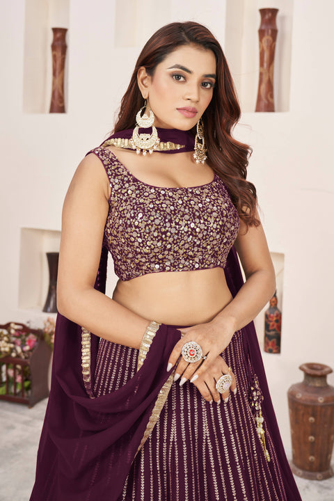 Beautiful Wine Wedding wear Heavy Lehenga Choli for Women with Dupatta Sequence Lehenga Choli In USA