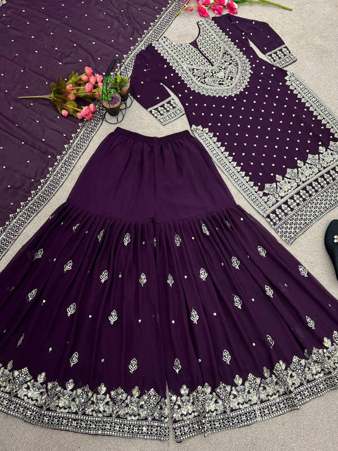 Purple Heavy Embroidery Sequence Work Top-Gharara And Dupatta Set Fully Stitched For Women