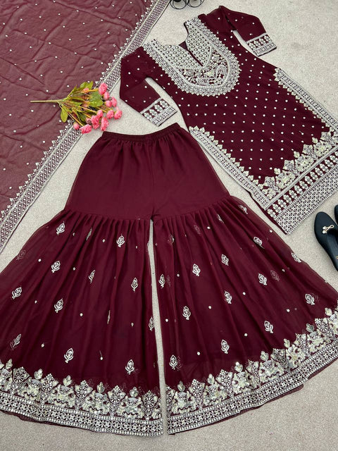 Heavy Embroidery Sequence Work Top-Gharara And Dupatta Set Fully Stitched For Women