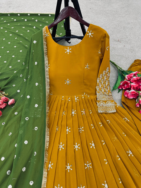 Yellow Faux Georgette With Heavy Embroidery Sequence Work Anarkali For Women