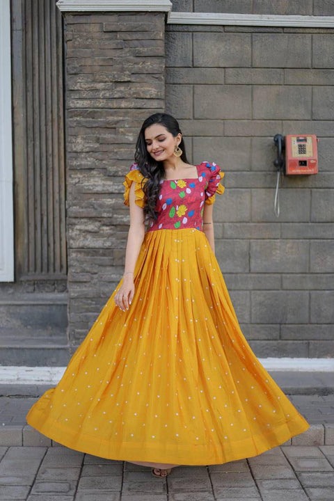 Yellow And Pink Chinon Embroidered gown, It looks graceful for women