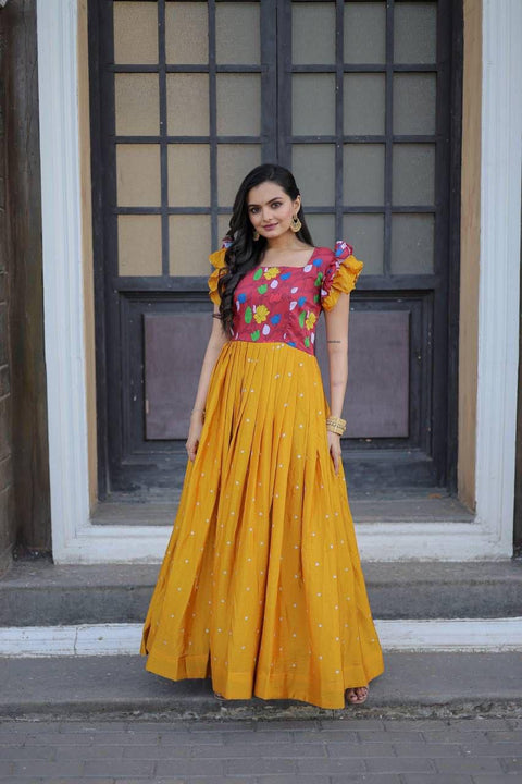 Yellow And Pink Chinon Embroidered gown, It looks graceful for women