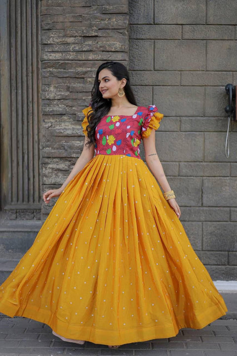 Yellow And Pink Chinon Embroidered gown, It looks graceful for women